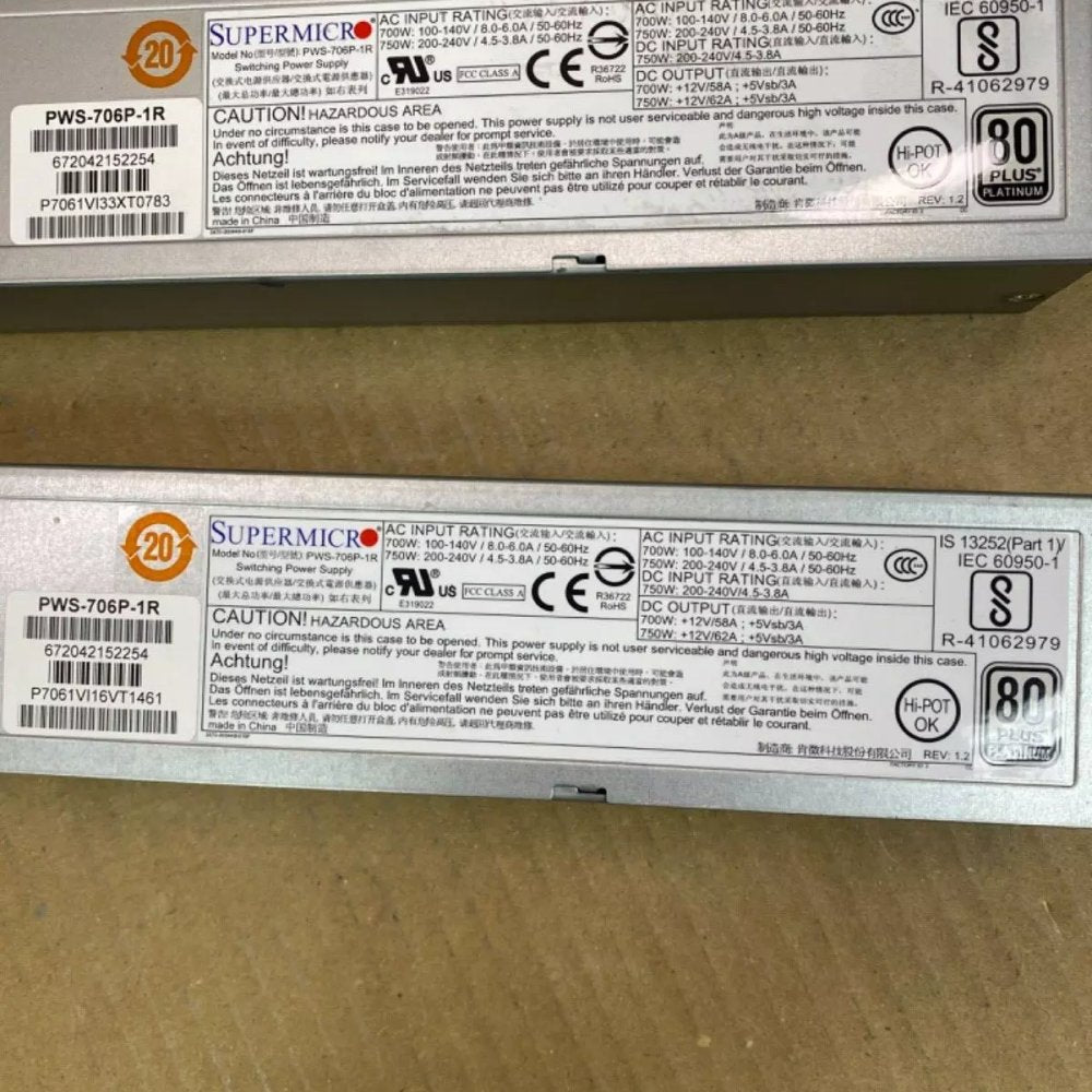 Redundant 750W Power Supply, Supermicro PWS-706P-1R 1U Hot-Swap, 80 Plus