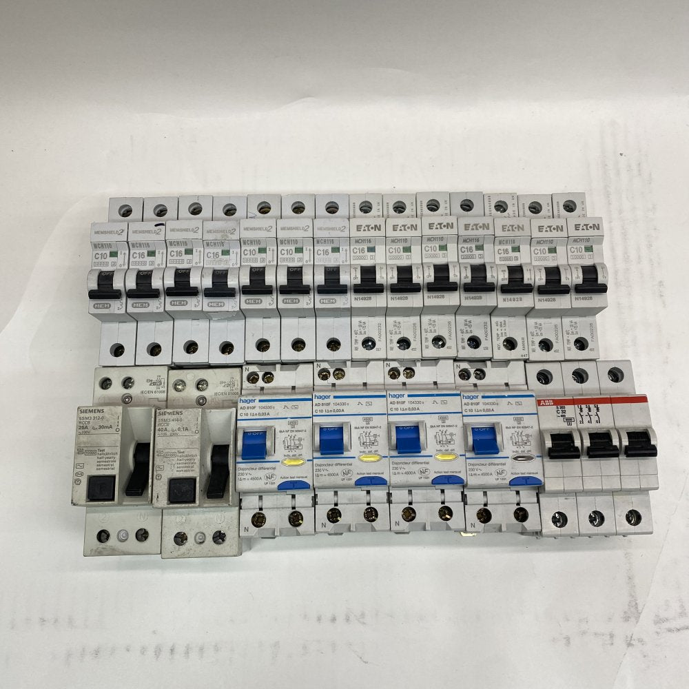 Hager AD810F RCBO, Siemens 5SM3 RCCB, ABB S203, Eaton MCH110/116 MCBs