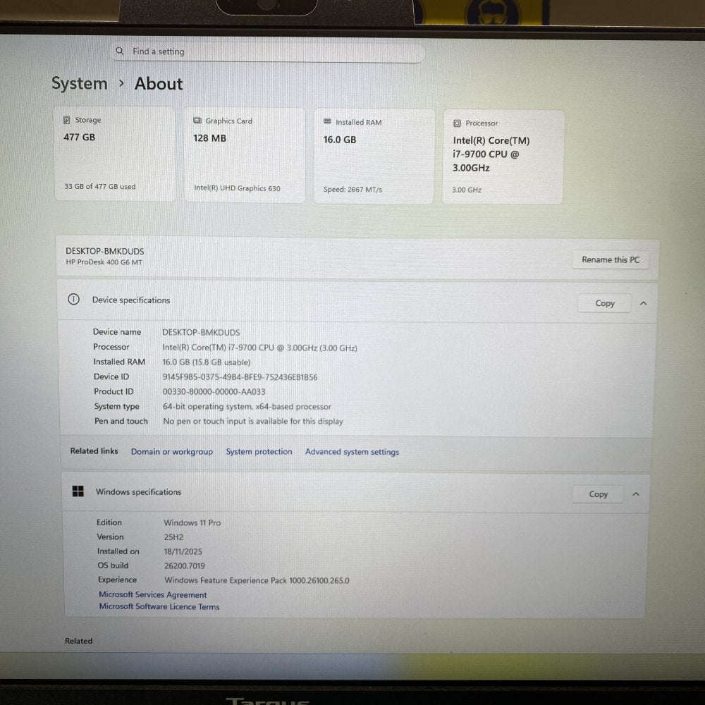 HP ProDesk 400 G6 MT Intel i7-9700 16GB 512GB SSD Windows 11 Pro Black