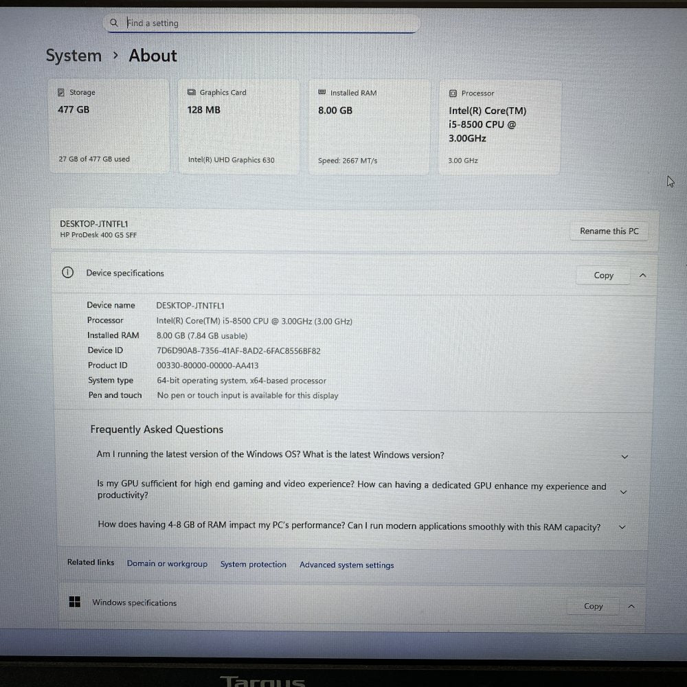 Professional Desktop Intel i5 8th 8GB 512GB SSD HP ProDesk 400G5 SFF USB DP VGA