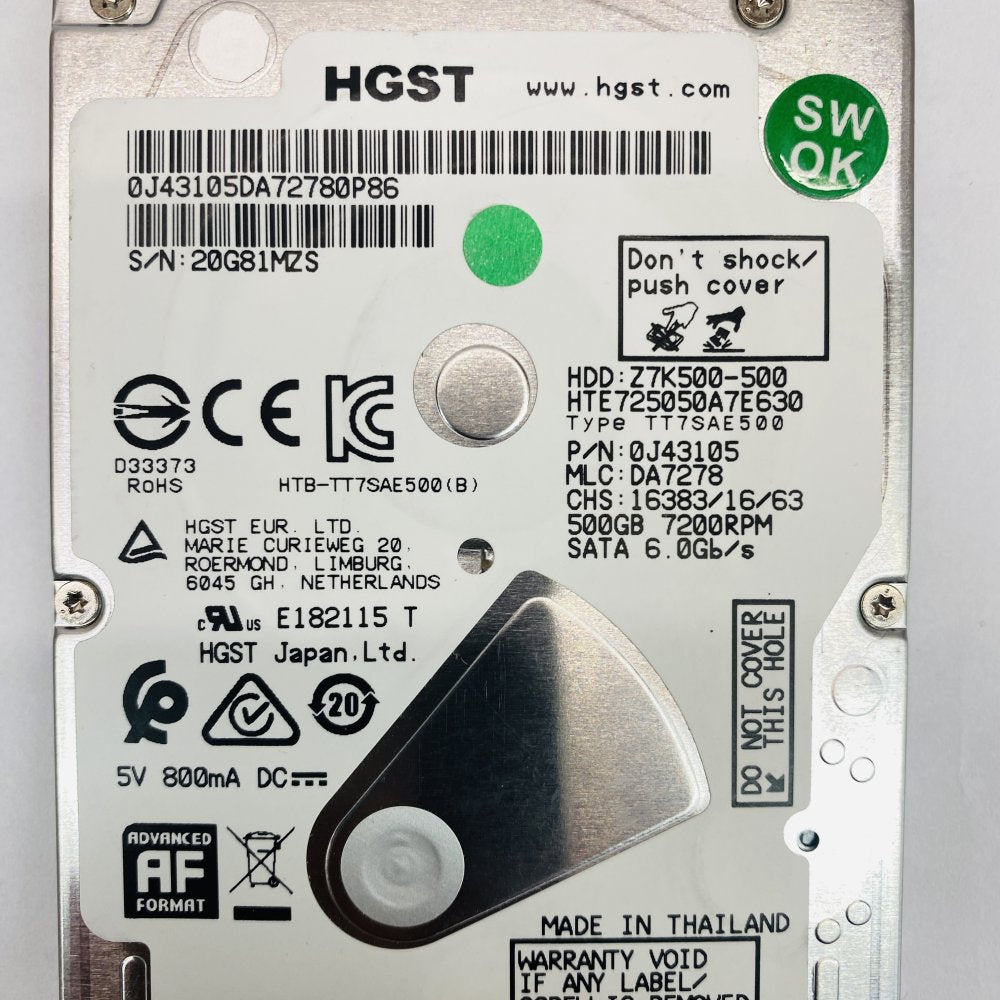 HGST HTE725050A7E630 500GB 2.5" 7200RPM SATA 6Gb/s HDD 2x Grade A