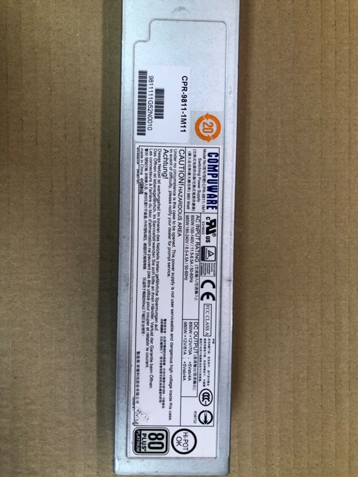 Industrial Power Supply Unit Compuware 980W PSU CPR-9811-1M1 Platinum
