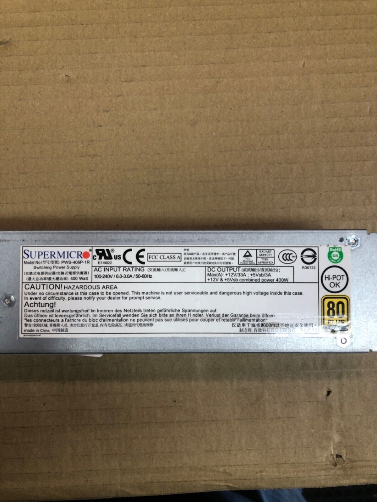 Redundant Hot-Swap PSU, Supermicro PWS-406P-1R 400W 80+ Gold Rack-Mount
