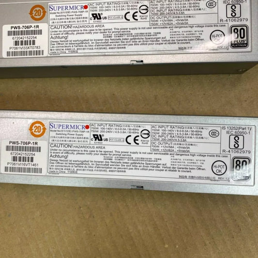 Redundant 750W Power Supply, Supermicro PWS-706P-1R 1U Hot-Swap, 80 Plus