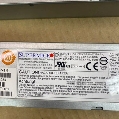 Redundant 750W Power Supply, Supermicro PWS-706P-1R 1U Hot-Swap, 80 Plus