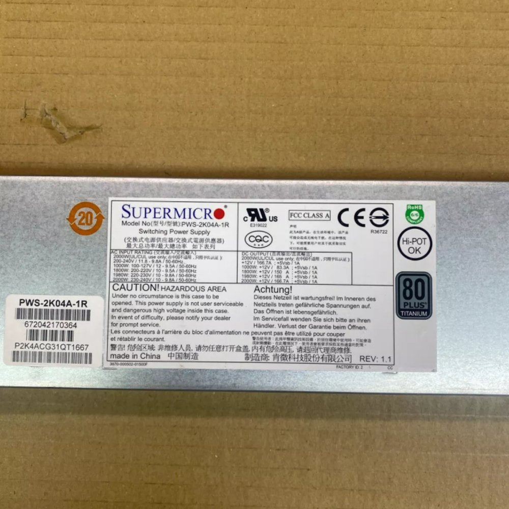 Redundant Power Supply, Supermicro PWS-2K04A-1R 2000W, 1U Rack-Mount