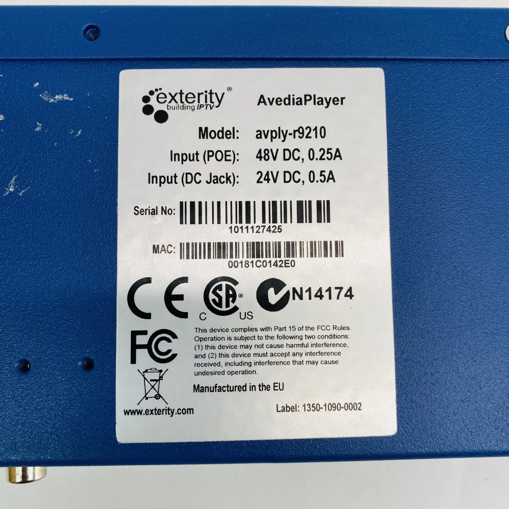 Exterity AvediaPlayer AVPLY-R9210 IPTV / PoE HDMI Receiver + PSU / Cables