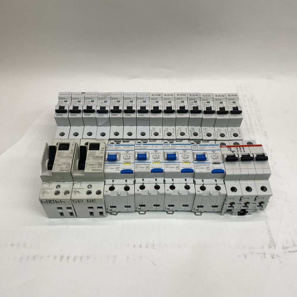 Hager AD810F RCBO, Siemens 5SM3 RCCB, ABB S203, Eaton MCH110/116 MCBs