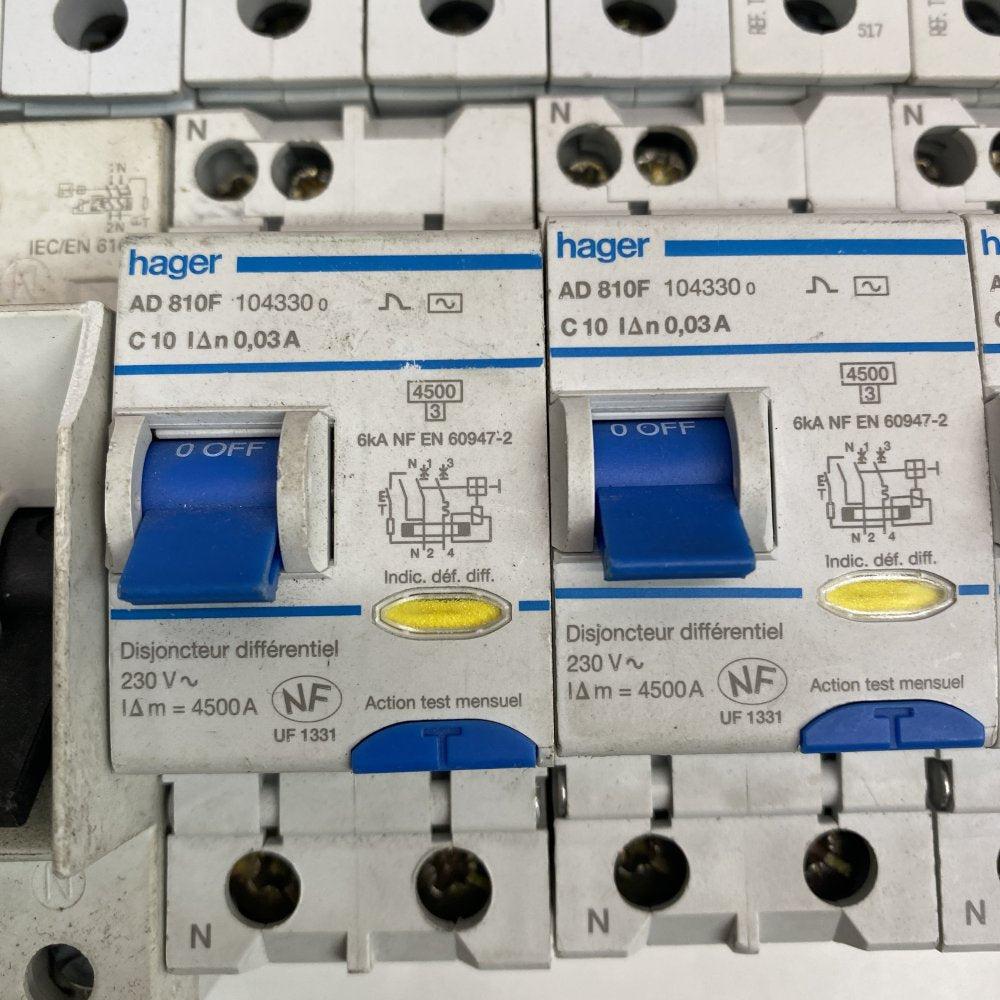 Hager AD810F RCBO, Siemens 5SM3 RCCB, ABB S203, Eaton MCH110/116 MCBs