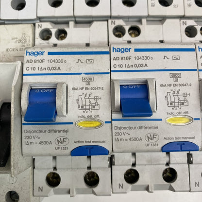 Hager AD810F RCBO, Siemens 5SM3 RCCB, ABB S203, Eaton MCH110/116 MCBs