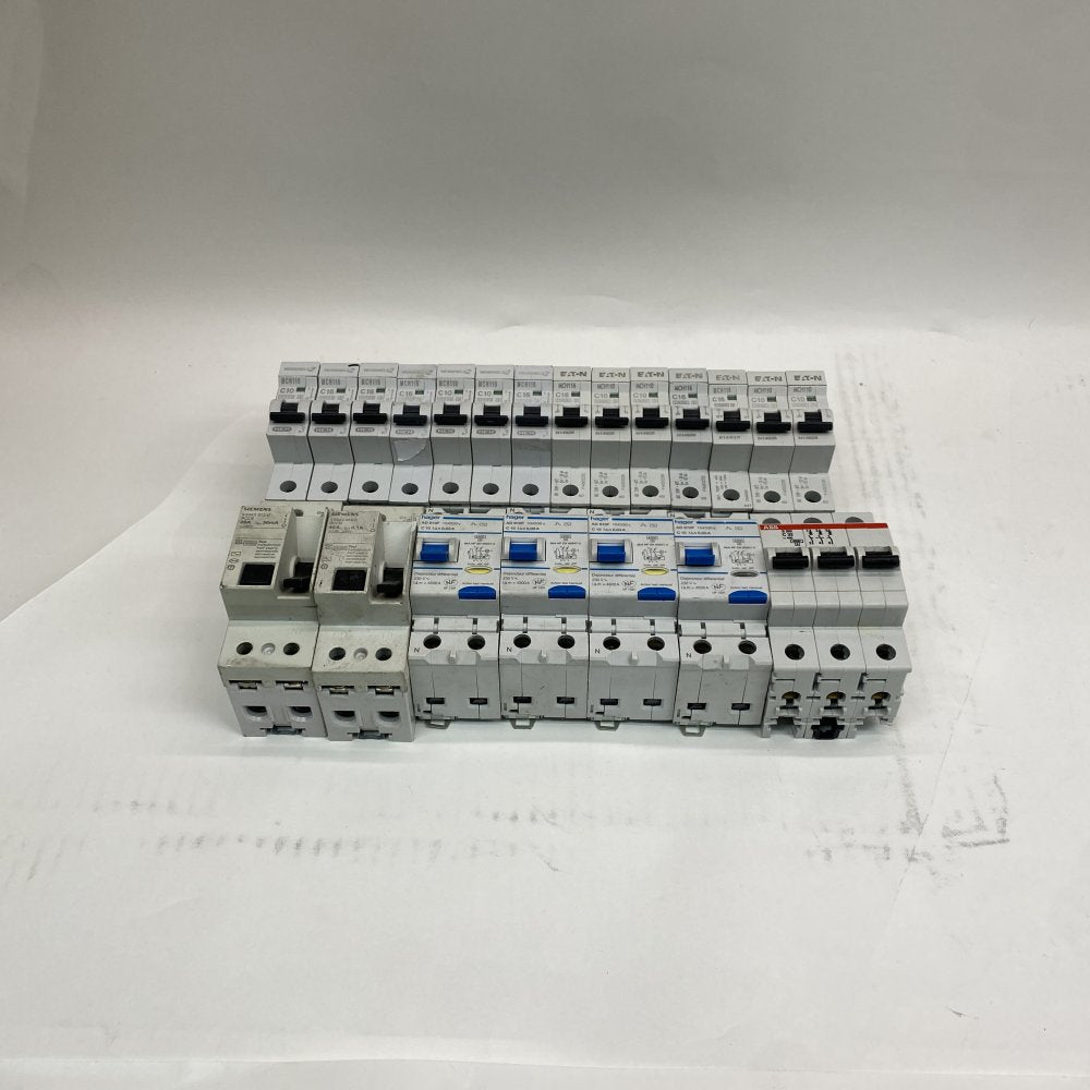 Hager AD810F RCBO, Siemens 5SM3 RCCB, ABB S203, Eaton MCH110/116 MCBs