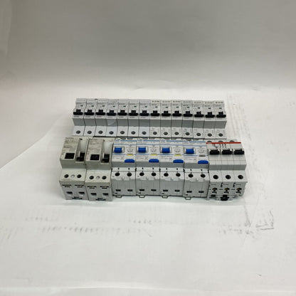 Hager AD810F RCBO, Siemens 5SM3 RCCB, ABB S203, Eaton MCH110/116 MCBs