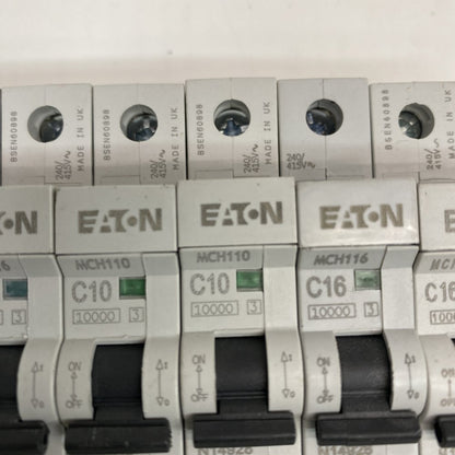 Hager AD810F RCBO, Siemens 5SM3 RCCB, ABB S203, Eaton MCH110/116 MCBs
