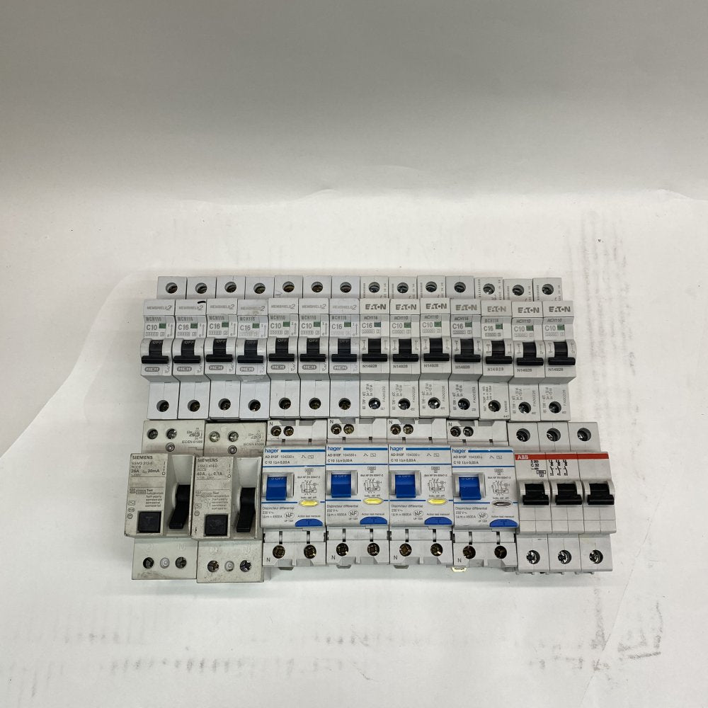 Hager AD810F RCBO, Siemens 5SM3 RCCB, ABB S203, Eaton MCH110/116 MCBs