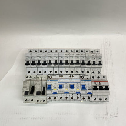Hager AD810F RCBO, Siemens 5SM3 RCCB, ABB S203, Eaton MCH110/116 MCBs