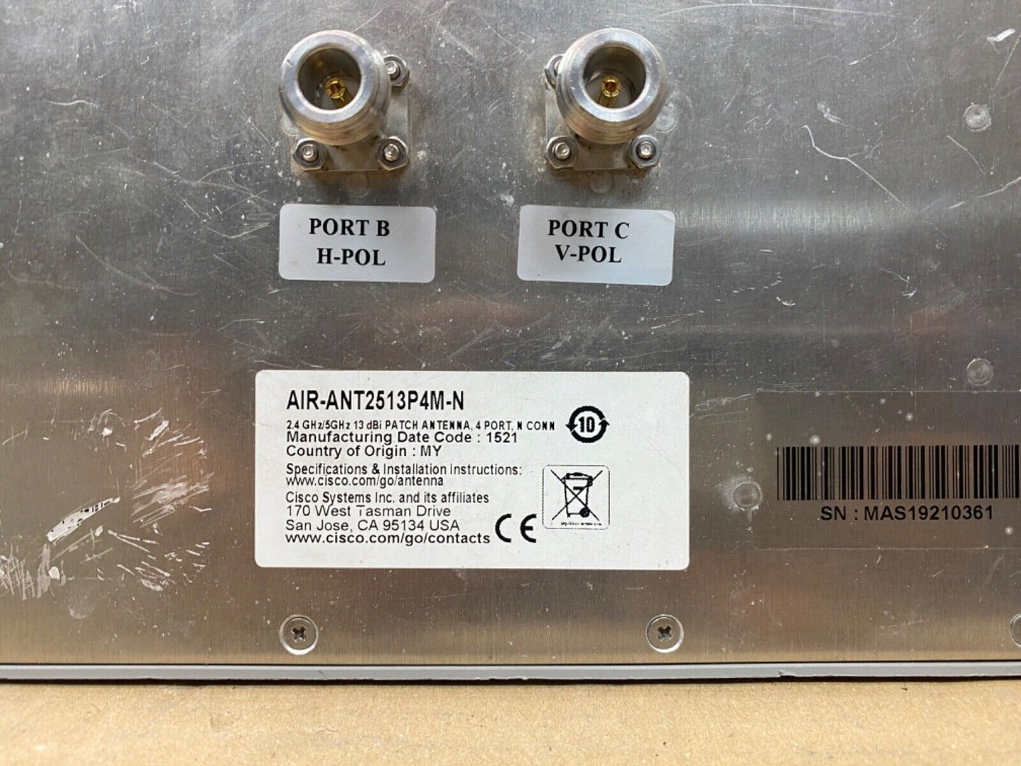 Cisco Dual-Band Antenna AIR-ANT2513P4M-N 13 dBi N-Type Ports 2.4/5GHz