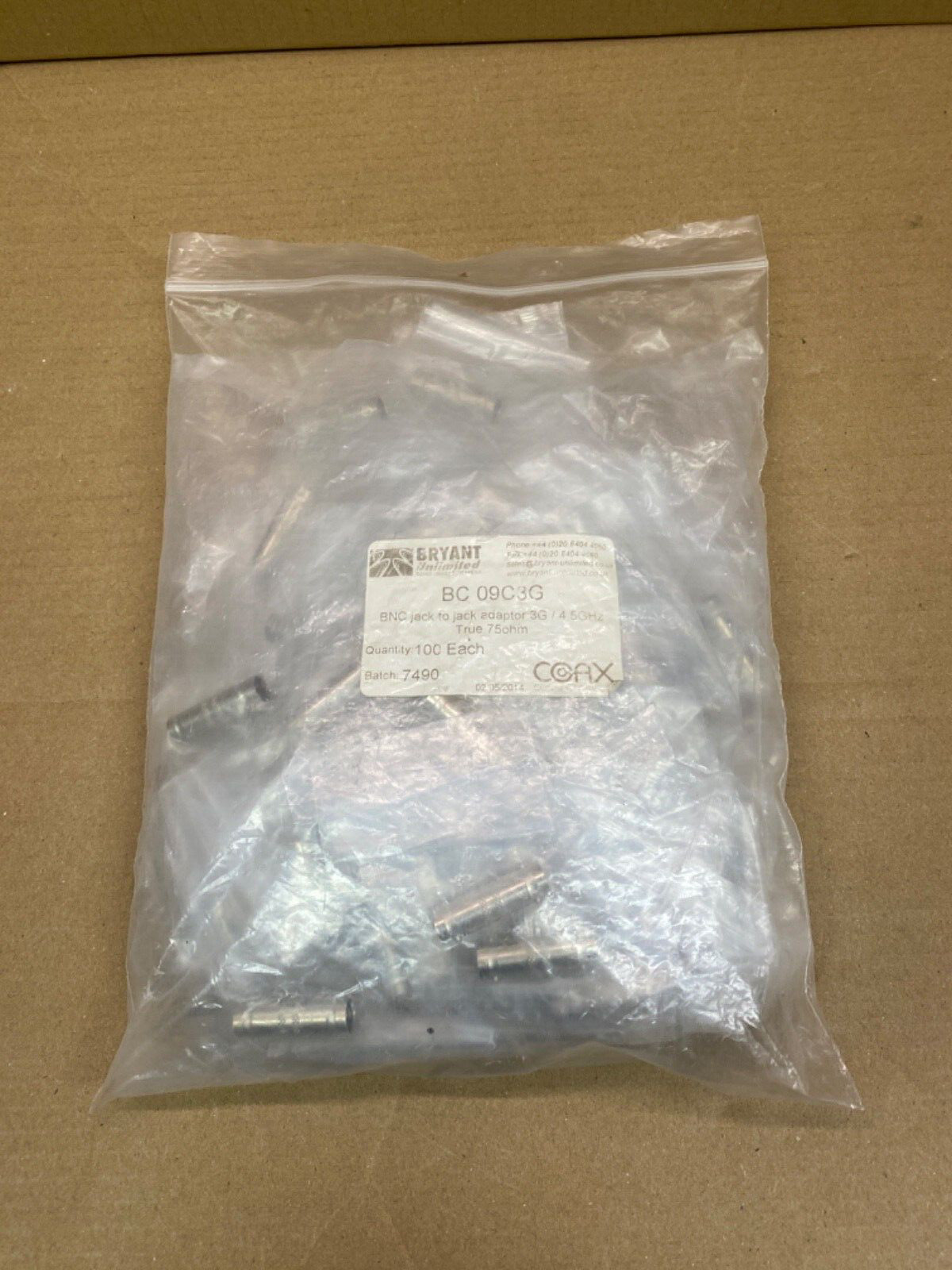 Broadcast BNC Bulkhead Jack-Jack Adapter 75 Ohm, 100pcs, Professional Use