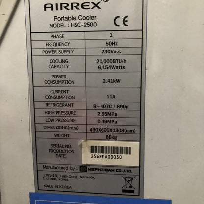 Industrial Air Conditioner R407C 21kBTU Airrex HSC-2500 230Vac Portable