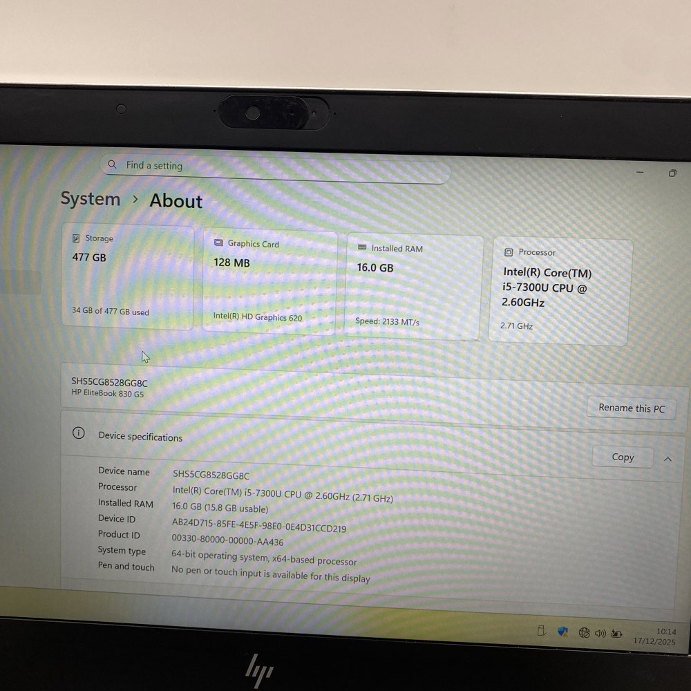 HP EliteBook 830 G5 Intel i5 7300U 16GB 477GB Full HD 13.3in Laptop - Grade D