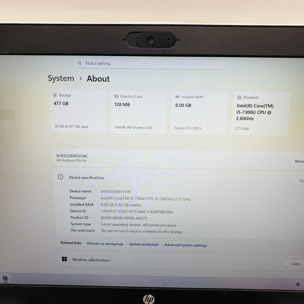 HP ProBook 650 G5 Intel i5-7300U 8GB RAM 477GB SSD Windows 11 Pro
