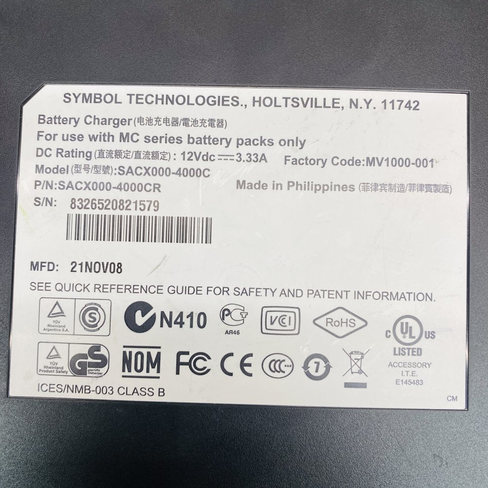 Symbol Technologies SACX000-4000C 4-Slot Battery Charger for MC w/ Adapter Used