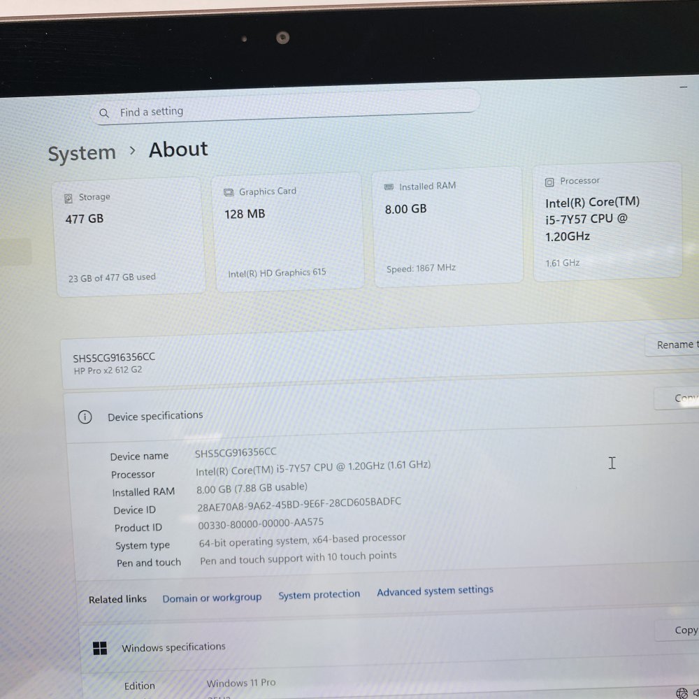 HP Pro x2 612 G2 i5-7Y57 8GB RAM 512 NVME (Grade D)