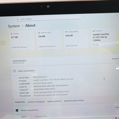 HP Pro x2 612 G2 i5-7Y57 8GB RAM 512 NVME (Grade D)