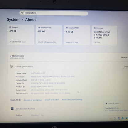 HP ProBook 650 G2 Intel i5 8GB 512GB SSD Win 11 Pro 1080p Laptop Grade-D