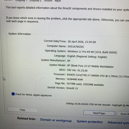 HP ZBook Fury 15 G7 Mobile Workstation i7-10850H 16GB RAM 477GB SSD Grade D