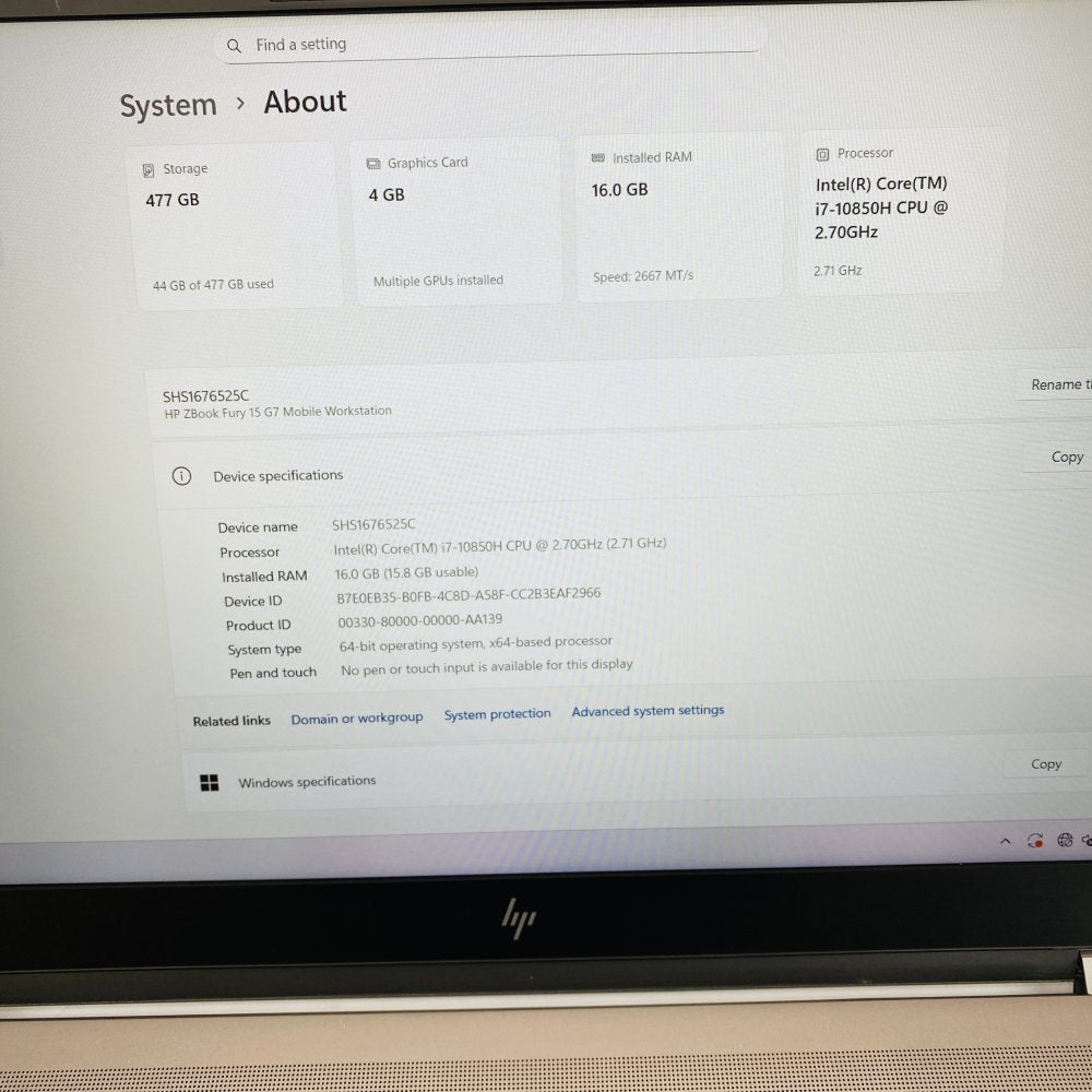 HP ZBook Fury 15 G7 Mobile Workstation i7-10850H 16GB RAM 477GB SSD Grade D