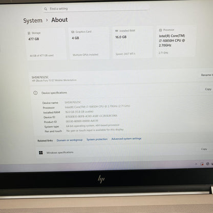 HP ZBook Fury 15 G7 Mobile Workstation i7-10850H 16GB RAM 477GB SSD Grade D