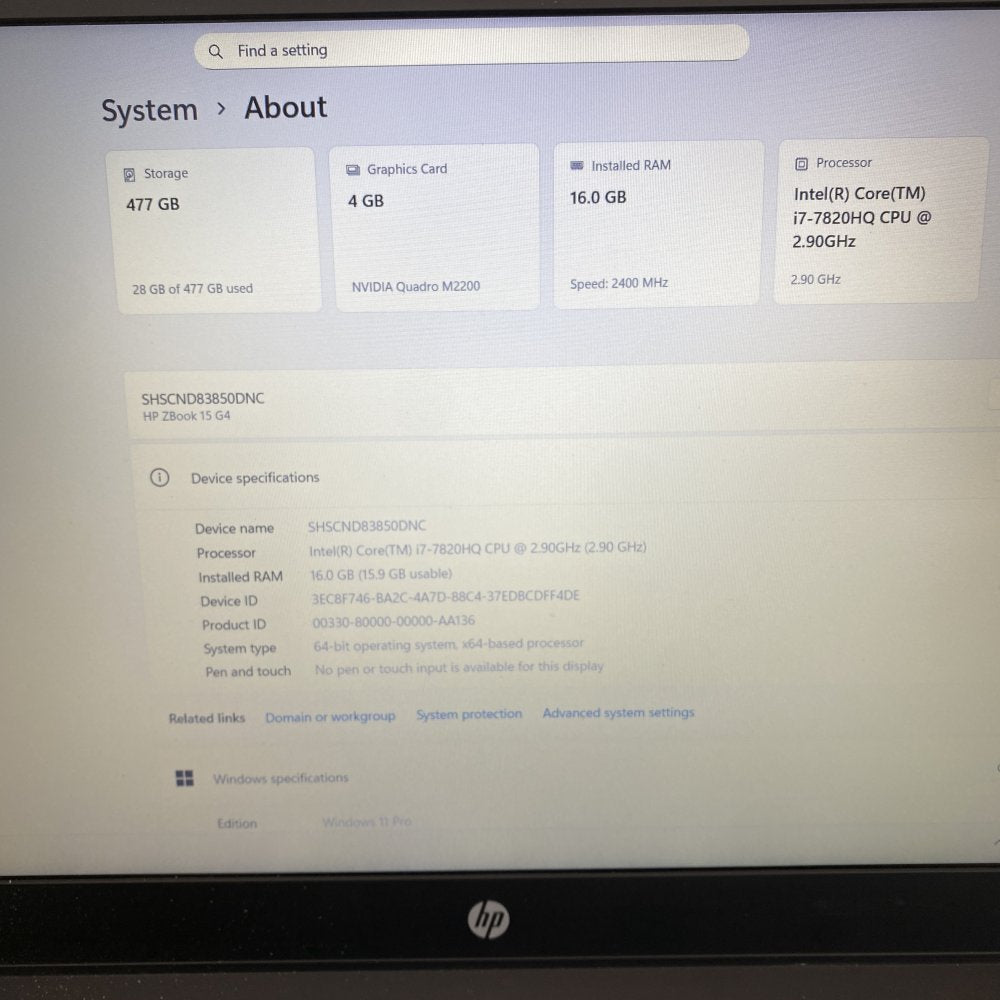HP ZBook 15 G4 i7-7820HQ 16GB RAM 477GB Storage Mobile Workstation (Grade C)