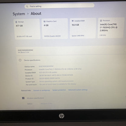 HP ZBook 15 G4 i7-7820HQ 16GB RAM 477GB Storage Mobile Workstation (Grade C)