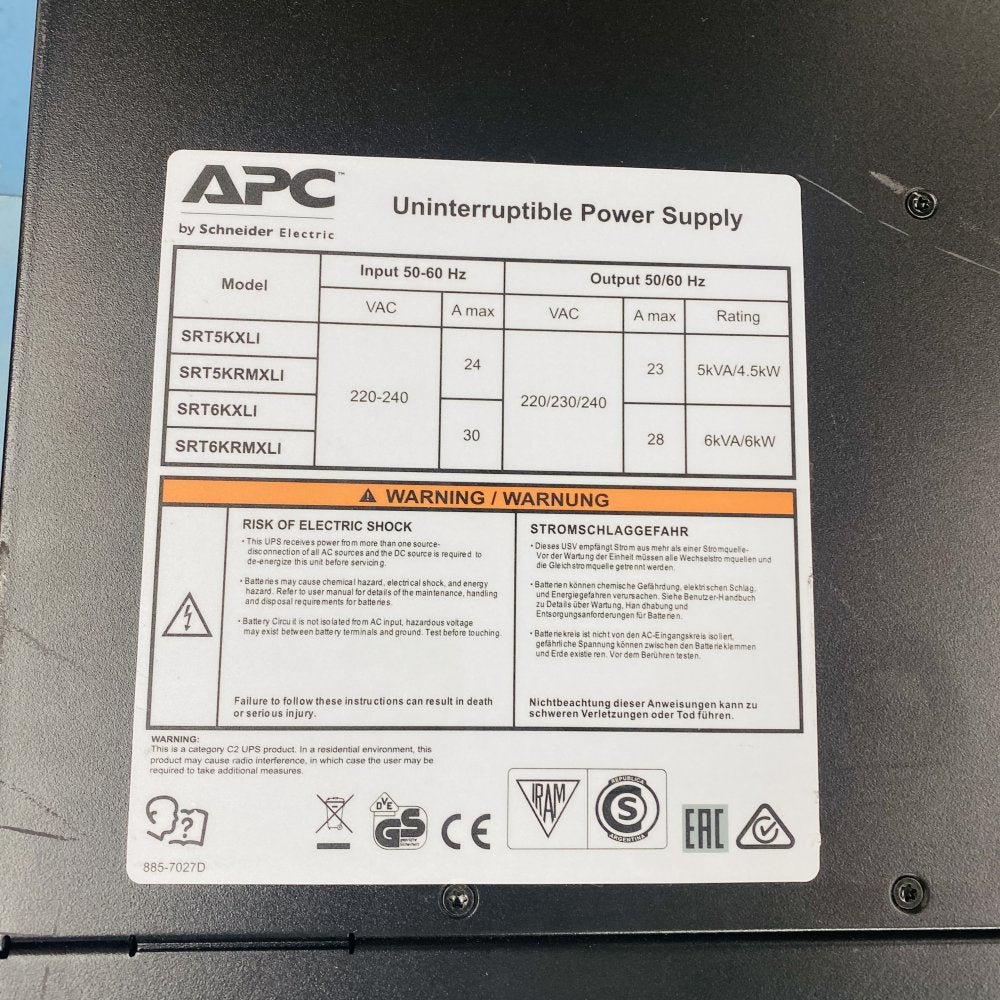 APC SRT6KRMXLI 6kVA Rack UPS 230VAC Sinewave IEC USB Ethernet