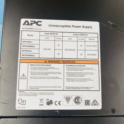 Enterprise UPS 6kVA Sinewave 230VAC APC SRT6KRMXLI IEC USB Ethernet Rack
