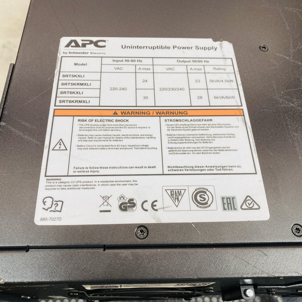 APC SRT6KRMXLI 6kVA Rack UPS 230VAC Sinewave IEC USB Ethernet