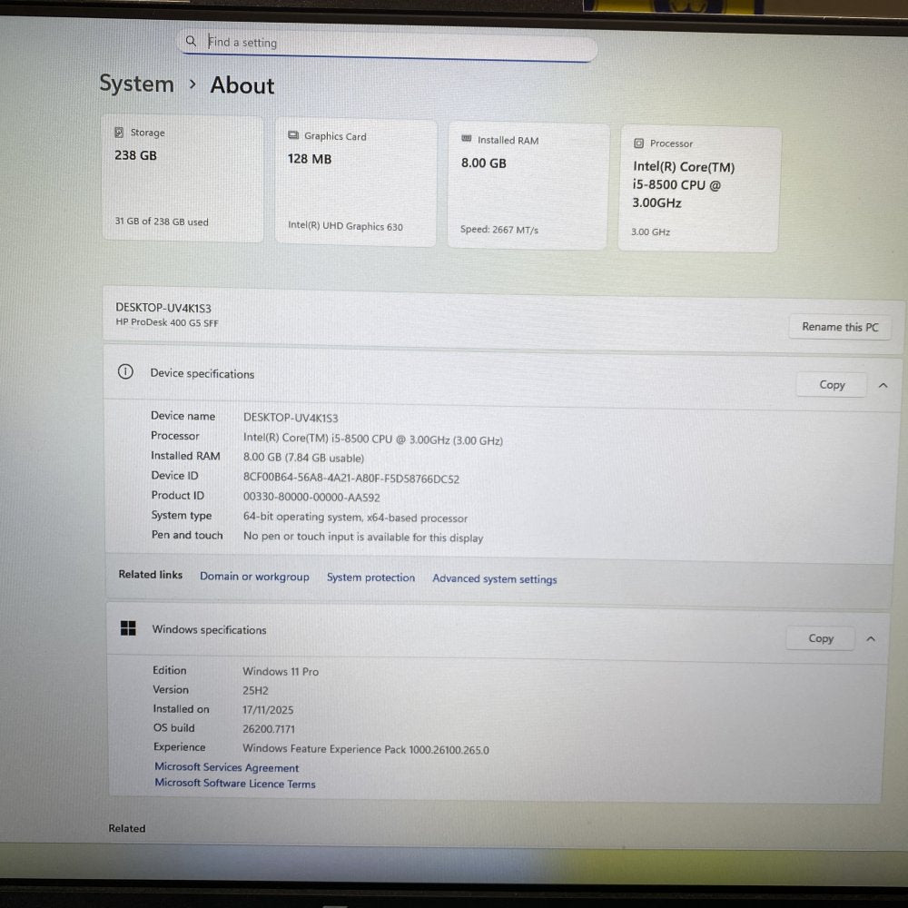 Professional Desktop Intel i5 8th Gen 8GB 256GB SSD HP ProDesk 400G5 SFF USB DP