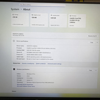 HP ProDesk 400G5 SFF Intel i5 8th Gen 8GB 256GB SSD Windows 11 Pro