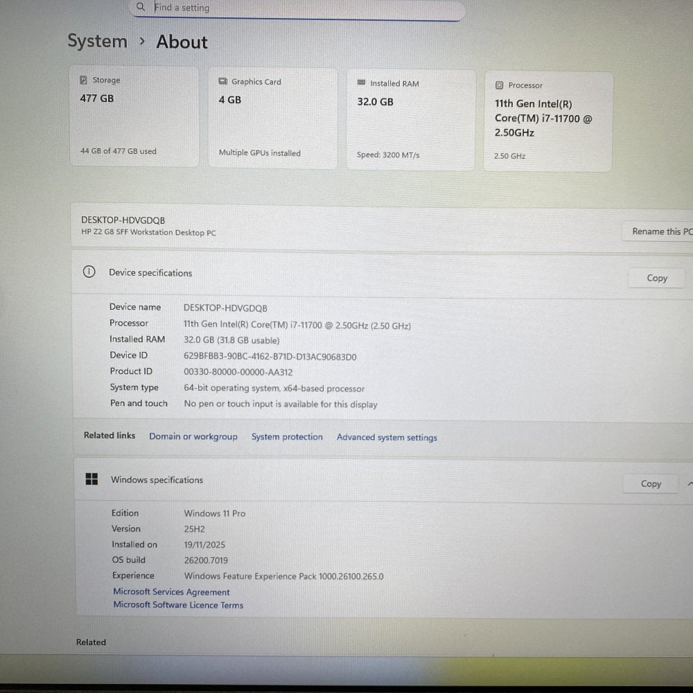 Professional Workstation SFF i7-11700 32GB 477GB SSD T1000 4GB DP HP Z2 G8