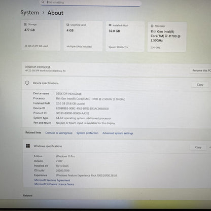 Professional Workstation SFF i7-11700 32GB 477GB SSD T1000 4GB DP HP Z2 G8