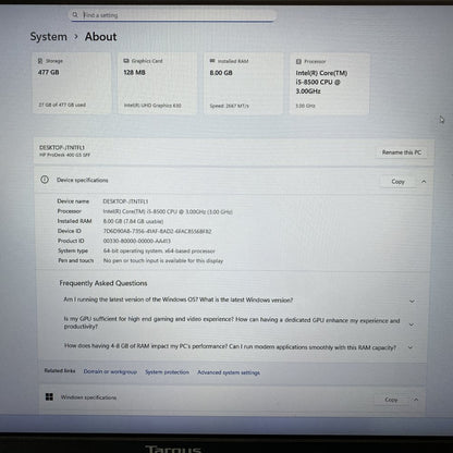 Professional Desktop Intel i5 8th 8GB 512GB SSD HP ProDesk 400G5 SFF USB DP VGA