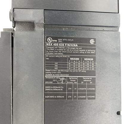 Schneider NSX630N 630A 3P+N Circuit Breaker Micrologic Protection Industrial