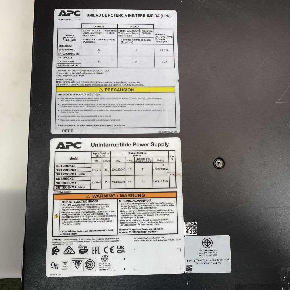 APC SRT3000RMXLI 3kVA Rackmount UPS Missing Screen 230V Surge Protected 480J