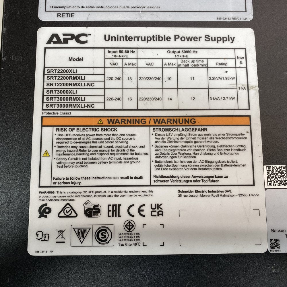 APC SRT3000RMXLI 3kVA Rackmount UPS Missing Screen 230V Surge Protected 480J