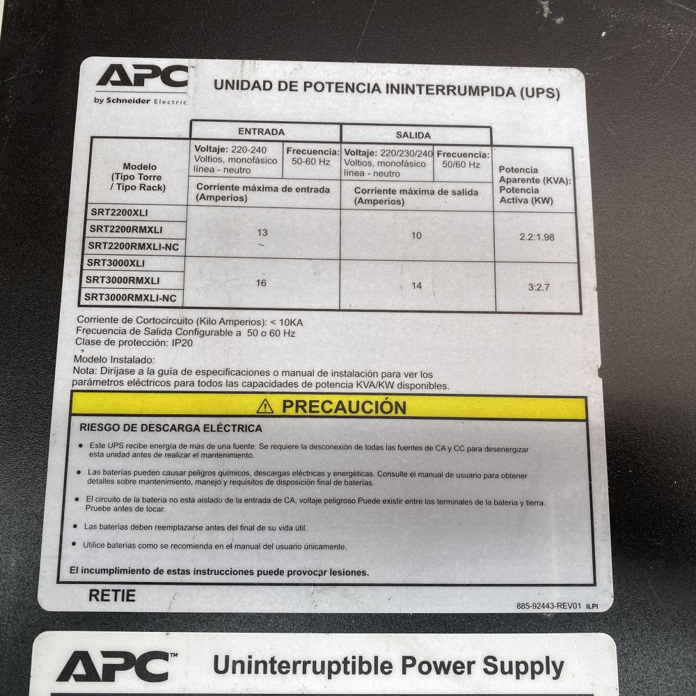 APC SRT3000RMXLI 3kVA Rackmount UPS Missing Screen 230V Surge Protected 480J