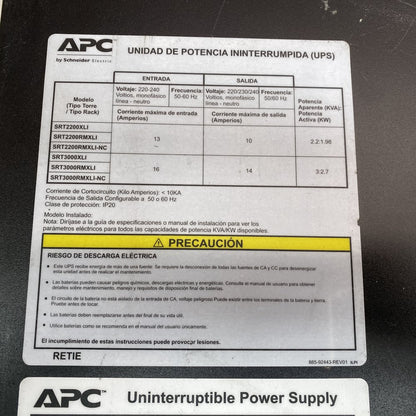 APC SRT3000RMXLI 3kVA Rackmount UPS Missing Screen 230V Surge Protected 480J