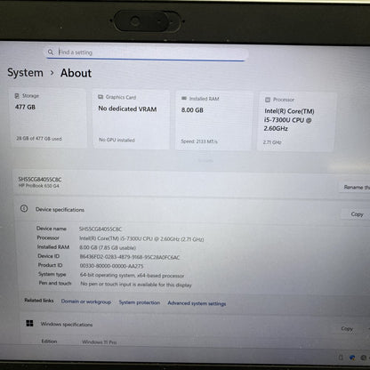 HP ProBook 650 G4 Intel i5 8GB 512GB SSD FHD 15.6 Win11 USB-C Laptop