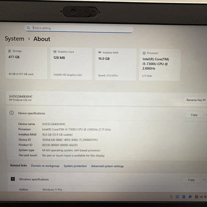 HP ProBook 650 G4 i5 16GB 477GB SSD 1080p USB-C HDMI Ethernet Silver