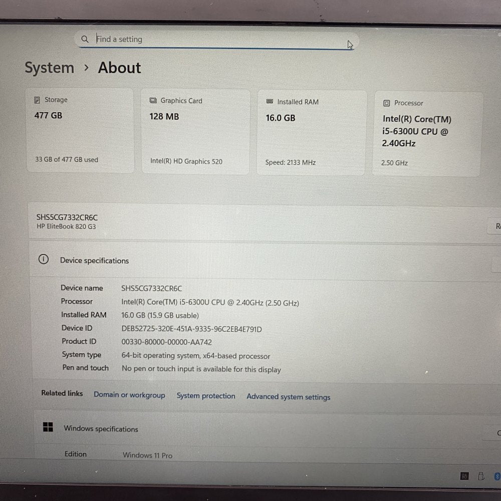 HP EliteBook 820 G3 i5-6300U 16GB 512GB SSD Win11 Pro 12.5in Laptop