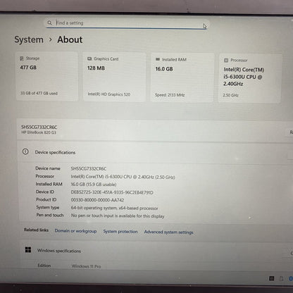 HP EliteBook 820 G3 i5-6300U 16GB 512GB SSD Win11 Pro 12.5in Laptop